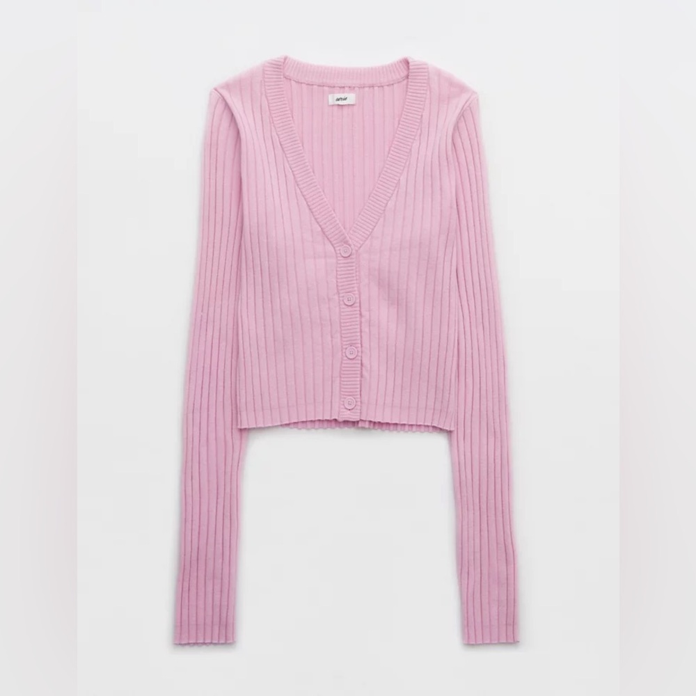 Aerie Wide Rib Cropped Cardigan Pink Women’s Size XL Like New